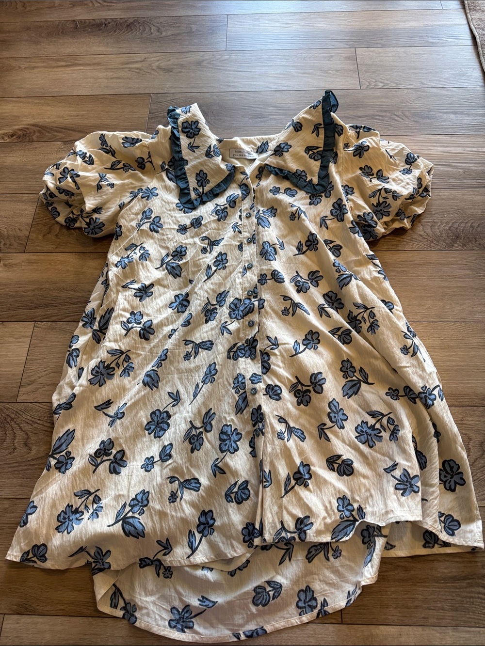Cream Button-Down Women's Blouse with Blue Floral Print